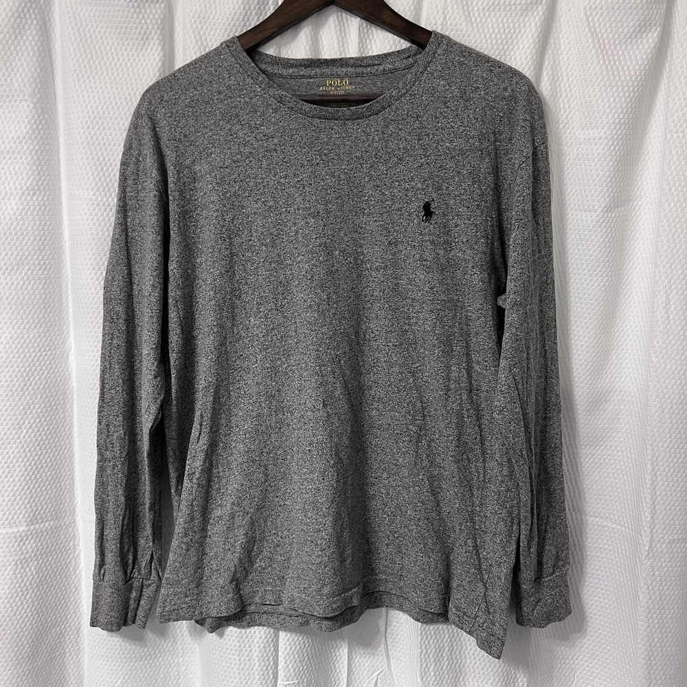 Polo‎ Ralph Lauren Long Sleeve Heather Gray Navy Blue Embroidered Pony Medium EC